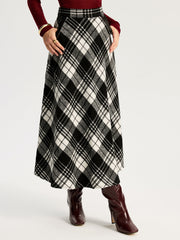 High Waist Line Flared Plaid Long Skirt