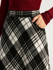 High Waist Line Flared Plaid Long Skirt