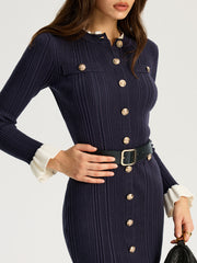 Contrast Cuff Metal Button Belted Mini Dress