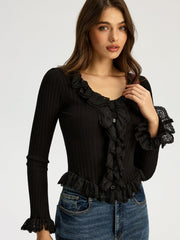 Ruffled Ribbed Long-sleeve Knit Top