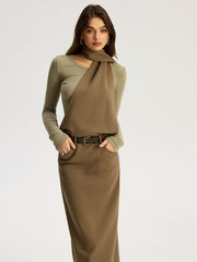 2 in 1 Long Sleeve Halter Neck Belted Maxi Dress