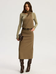 2 in 1 Long Sleeve Halter Neck Belted Maxi Dress