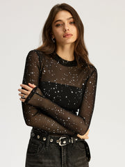 Glitter Star Sheer Mesh Long-Sleeve Bodysuit