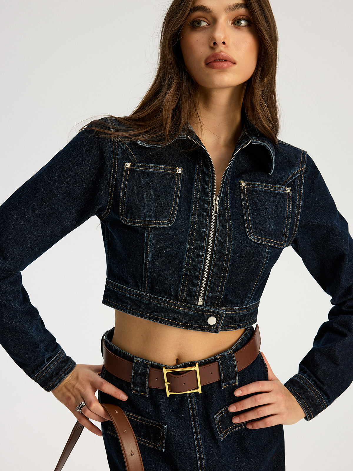 Zip Front Cropped Denim Jacket