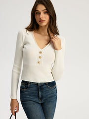 Fitted Long-Sleeve Rib-Knit Top with Metal Button