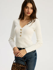 Fitted Long-Sleeve Rib-Knit Top with Metal Button