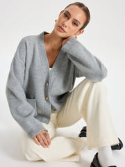 V-Neck Pocketed Metal Button Cardigan