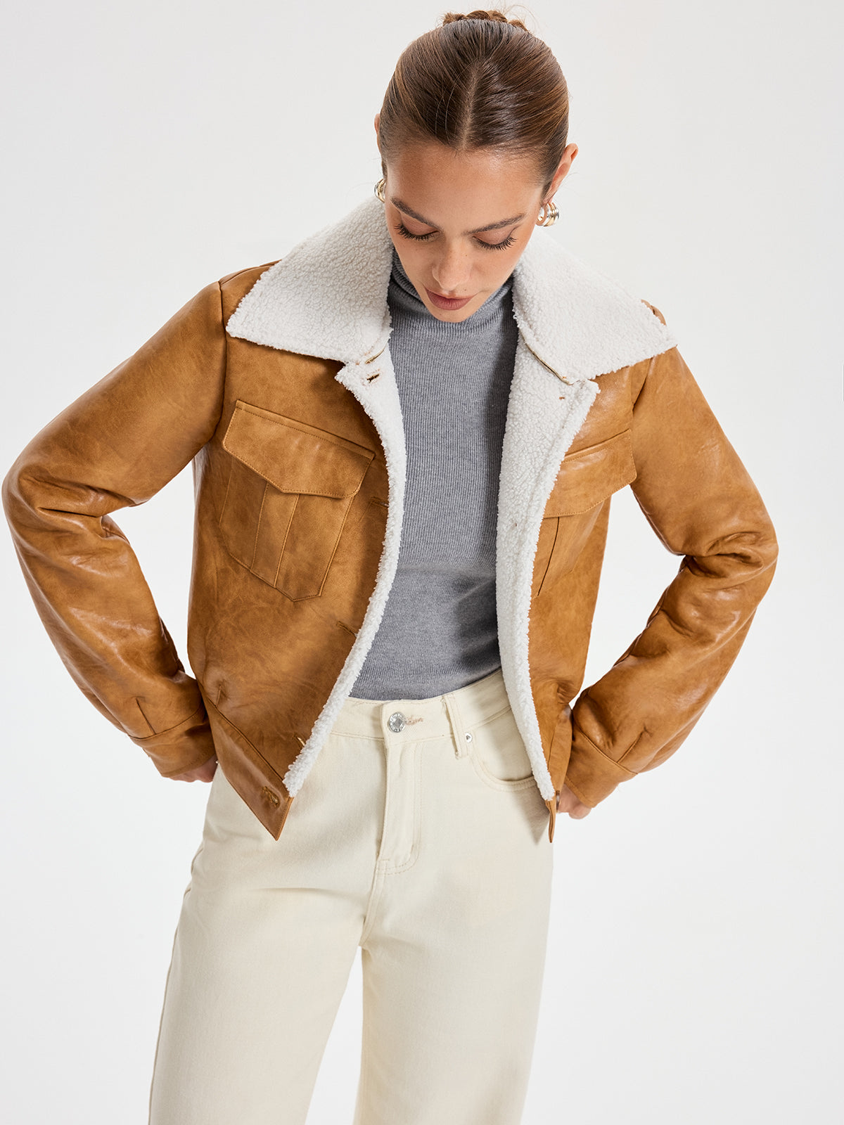 Single-breasted Shearling Jacket with Front Pockets