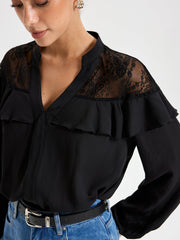 Black Lace Detailed Long Sleeve Blouse