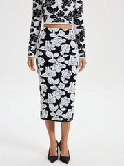 Floral Pattern Knit Midi Skirt