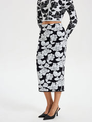 Floral Pattern Knit Midi Skirt