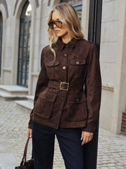 Multiple Pocket Belted Suede Effect Trench Coat
