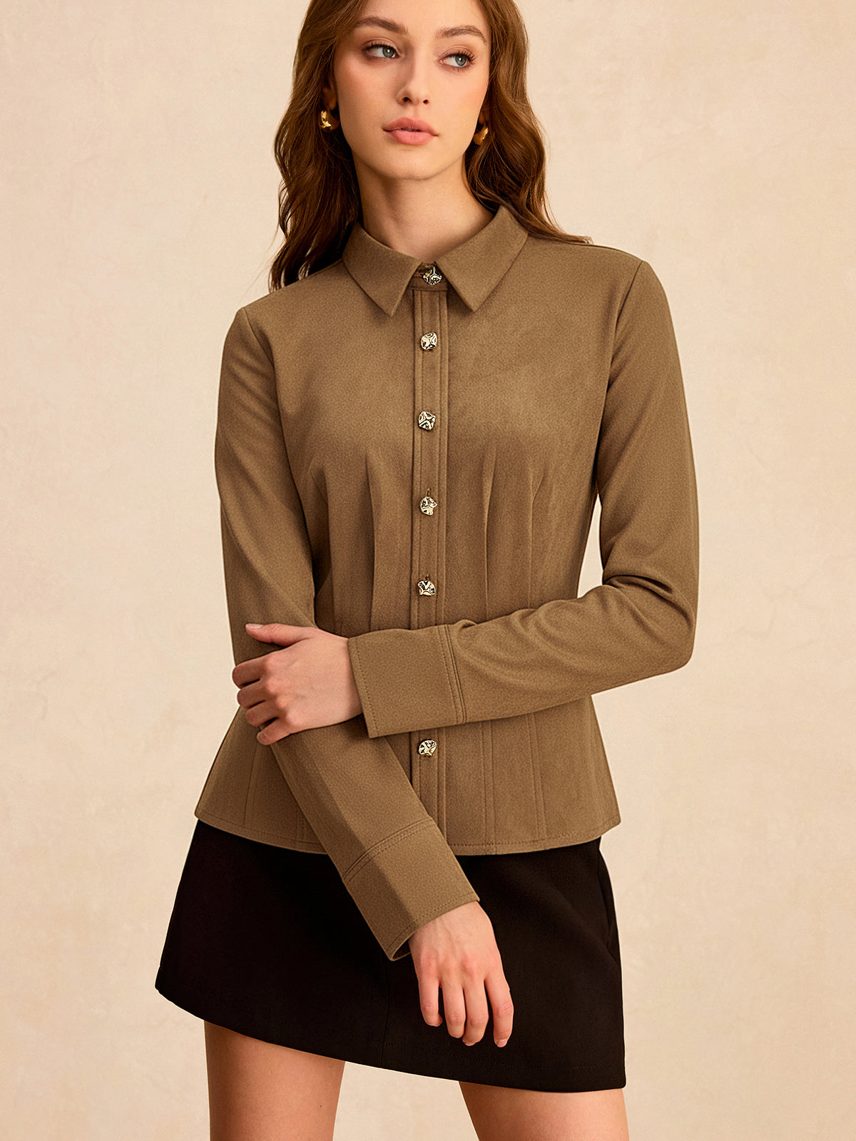 Pleat Collared Suede Effect Shirt