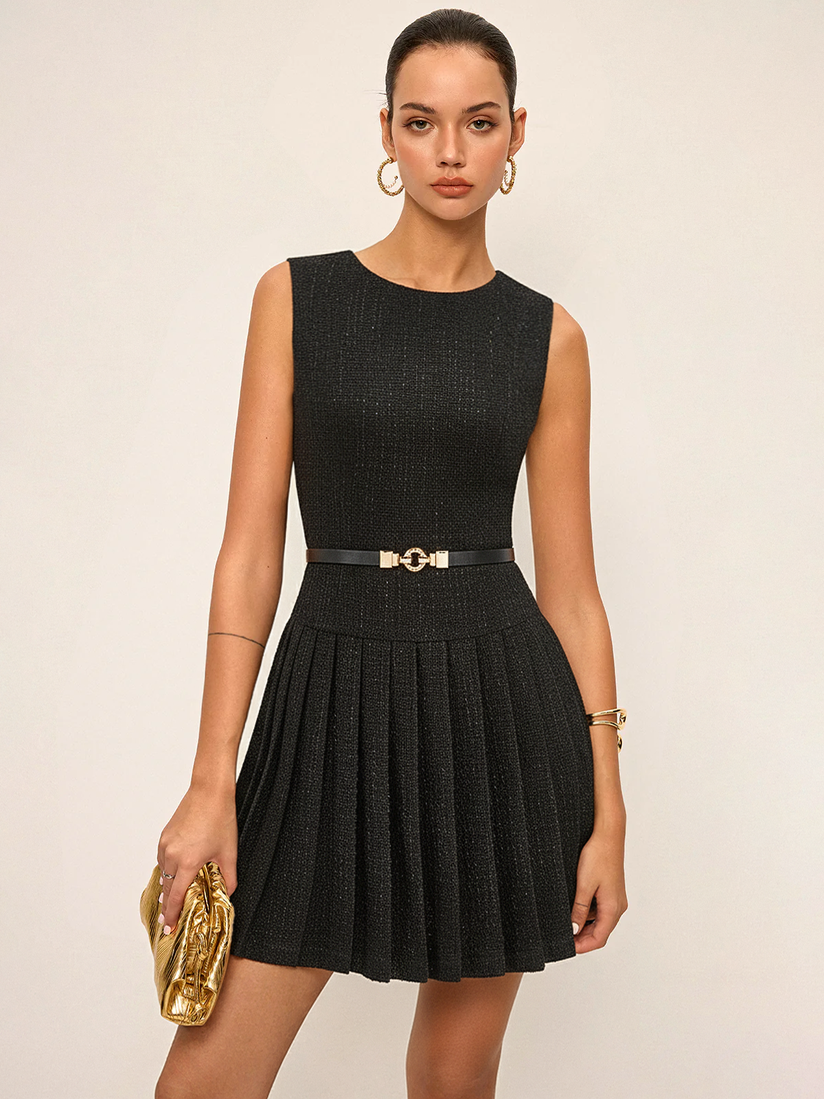 Tweed Sleeveless Pleated Mini Dress with Belt