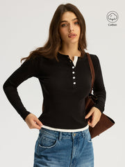 Contrast Trim Cotton Blend Long Sleeve Top