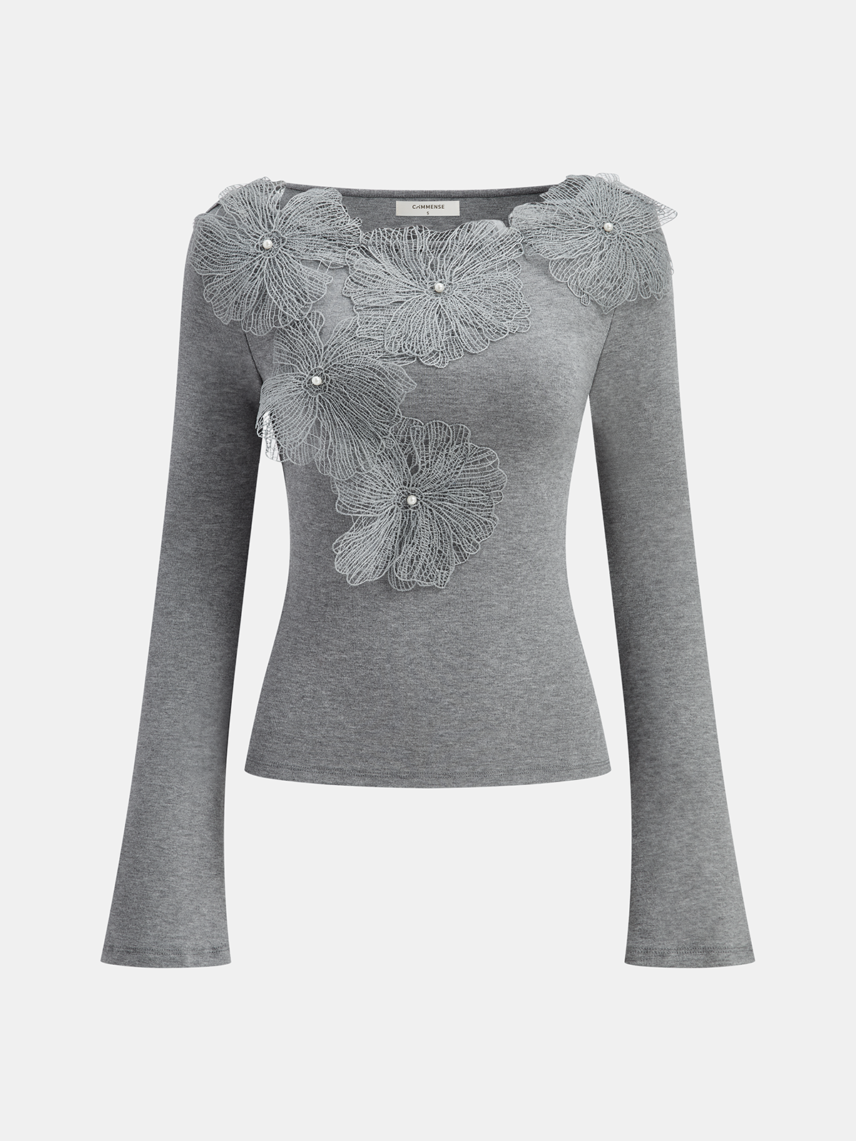 Faux Pearl Decor 3D Floral Fitted Soft Knit Top