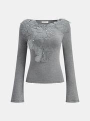 Faux Pearl Decor 3D Floral Fitted Soft Knit Top