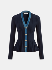 Denim Trim Knitted Peplum Cardigan