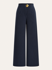 Metal Button Asymmetric Placket Pinstripe Wide-Leg Pants