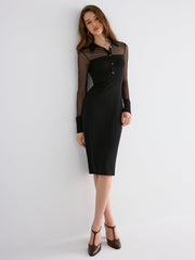 Contrast Mesh Collared Midi Dress