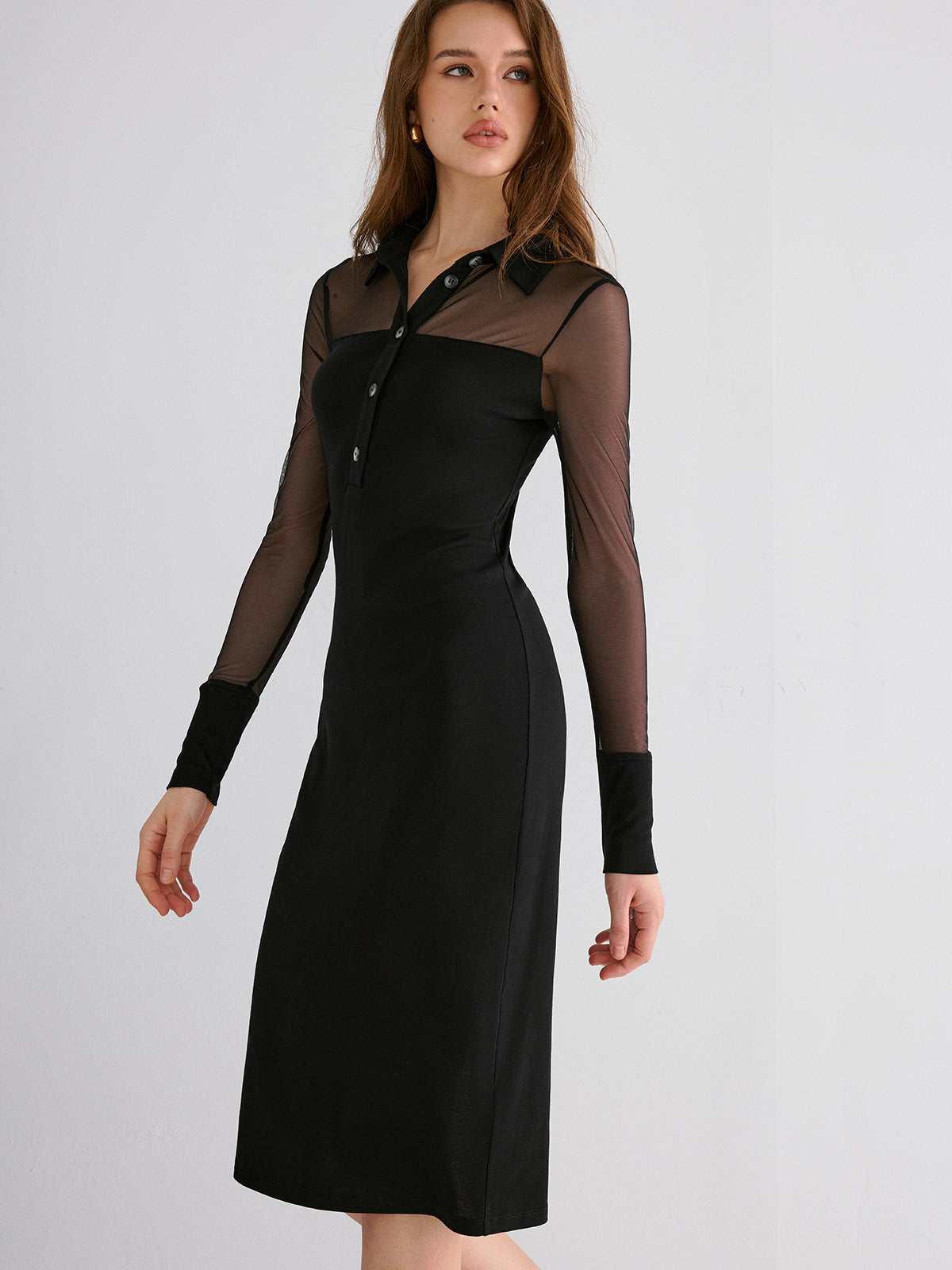 Contrast Mesh Collared Midi Dress