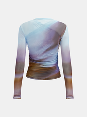 Criss Cross Printed Mesh Long-Sleeve Top