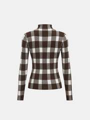 Checkered Wool-Blend Mock Neck Knit Top