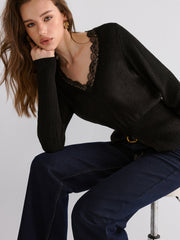 Lace Trim V-Neck Knit Top