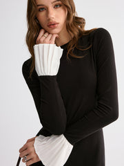 Pleated Contrast Flared Sleeve Dress