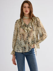 Semi-Sheer Ruffle Leopard Print Blouse
