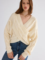 Cable Knit Cross-Front V-Neck Sweater