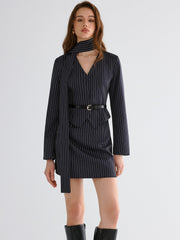 Pinstripe V-Neck Belted Blazer and Skirt Set
