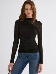 Mesh Paneled Ruched Long Sleeve Knit Top