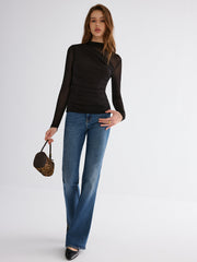 Mesh Paneled Ruched Long Sleeve Knit Top