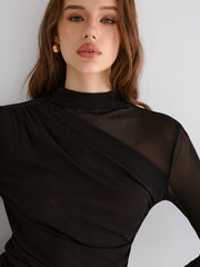 Mesh Paneled Ruched Long Sleeve Knit Top