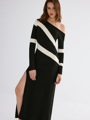 Striped Slit Off-Shoulder Maxi Dress