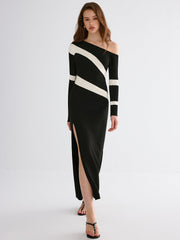 Striped Slit Off-Shoulder Maxi Dress