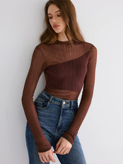 Mock Neck Contrast Mesh Top