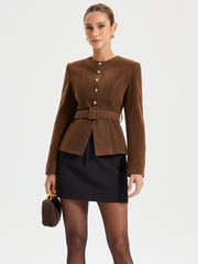 Belted Suede Effect Metal Button Blazer