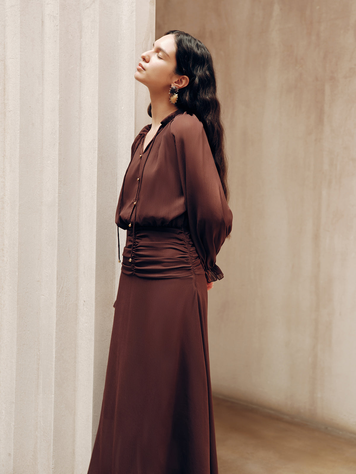 Tie-Neck Ruched Chiffon Maxi Dress