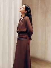 Tie-Neck Ruched Chiffon Maxi Dress