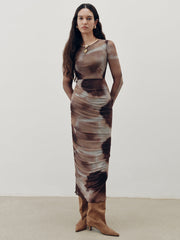 Tie-Dye Ruched Mesh Maxi Dress
