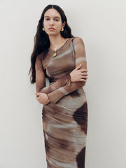 Tie-Dye Ruched Mesh Maxi Dress