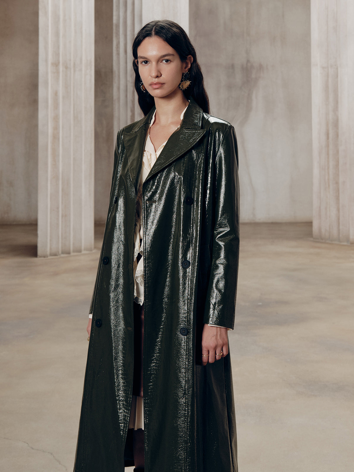 Gradient Double-Breasted Belted PU Leather Coat