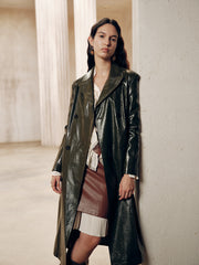 Gradient Double-Breasted Belted PU Leather Coat