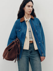 Suede Collar Zip-Front Denim Jacket