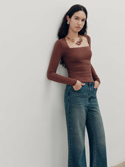 Square-Neck Ruched Long Sleeve Top