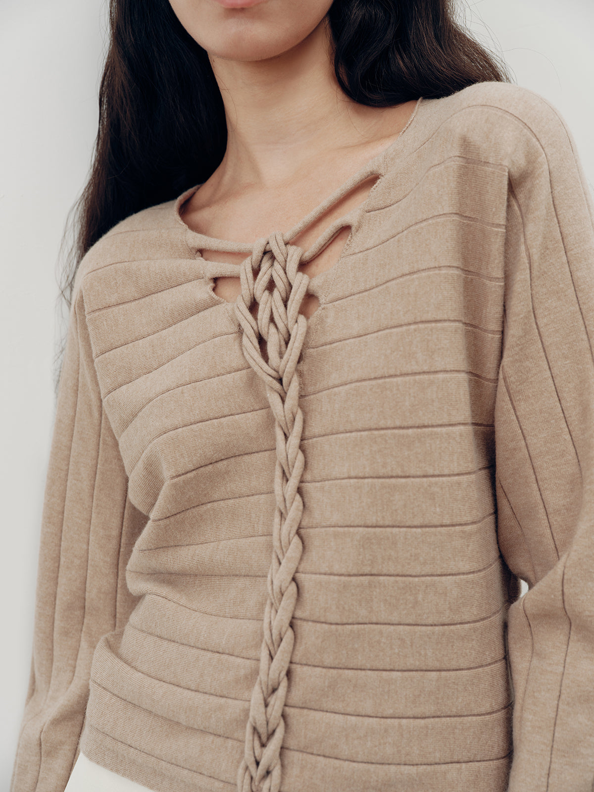 Braided-Front Wool-Blend Knit Top