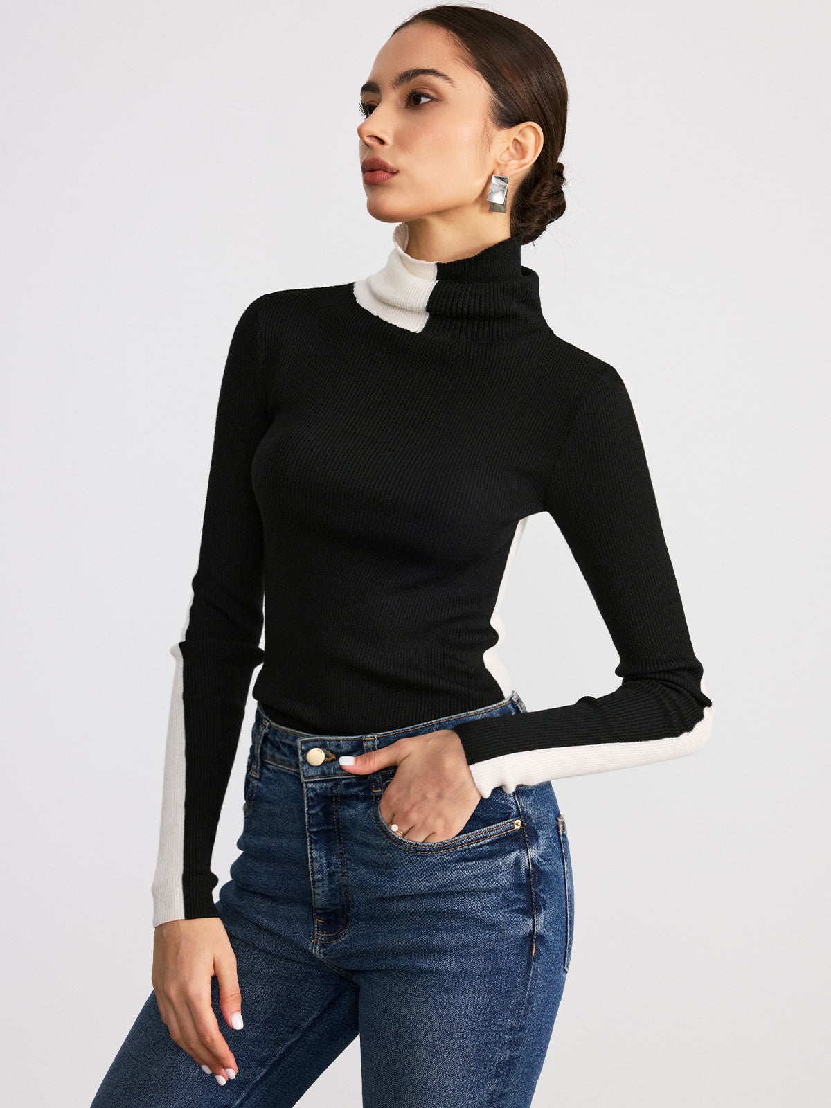 Color-Block Turtleneck Ribbed Knit Top