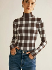 Checkered Wool-Blend Mock Neck Knit Top